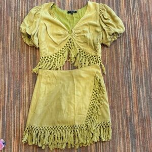 Vici Olive Fringe Mini Skirt Set